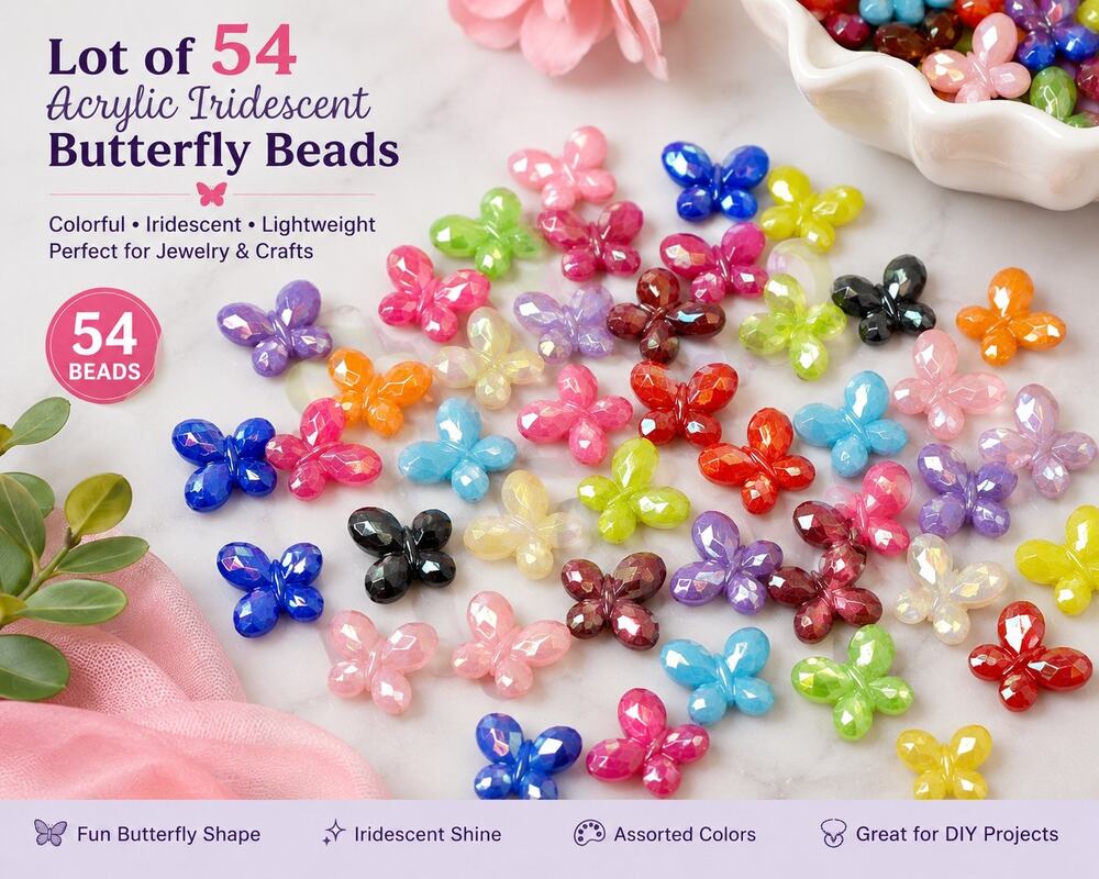 Lot of 54 Acrylic Iridescent Butterfly Beads Colorful Craft Beads Jewelry Making